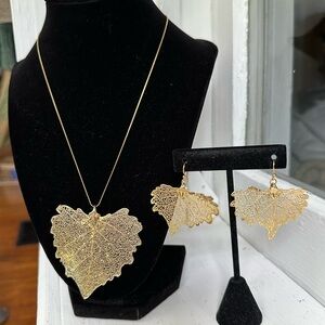 Gold Dipped Poplar Leaf Necklace & Earrings Set